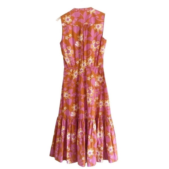 Warm Sierra Sleeveless Orange Pink Floral Cotton Tiered Midi Dress 2 - Picture 3 of 11
